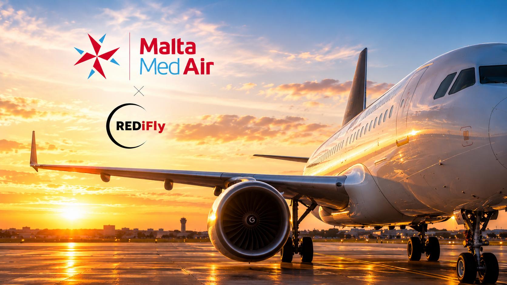 Malta MedAir and REDiFly partnership announcement featuring an aircraft at sunset